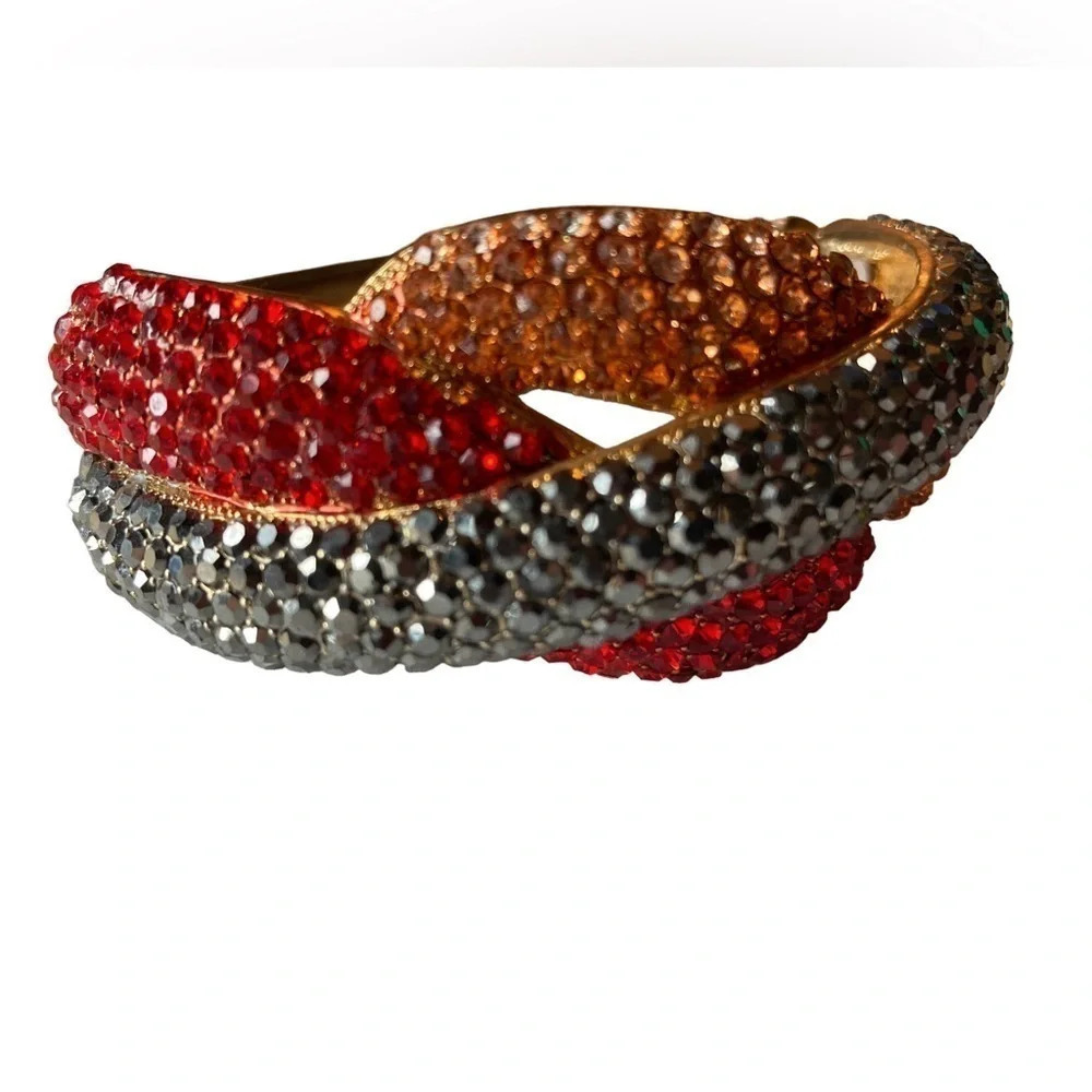 VINTAGE Clamper Bracelet with Red Yellow & Grey Crystals on Gold-tone Background